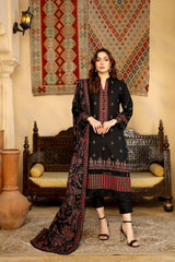 Black & Maroon Dhanak Embroidered 3-Piece Suit