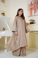 Champagne Beige Embroidered Viscose 3-Piece Suit – Ready to Wear