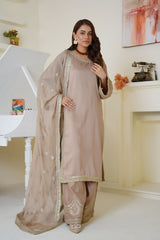 Champagne Beige Embroidered Viscose 3-Piece Suit – Ready to Wear