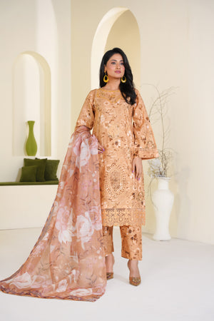 Golden petals embroidered lawn suit 3-piece - ready to wear - Threads & Weaves