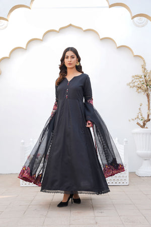 Black pret embroidered dress 3-piece - ready to wear - Threads & Weaves