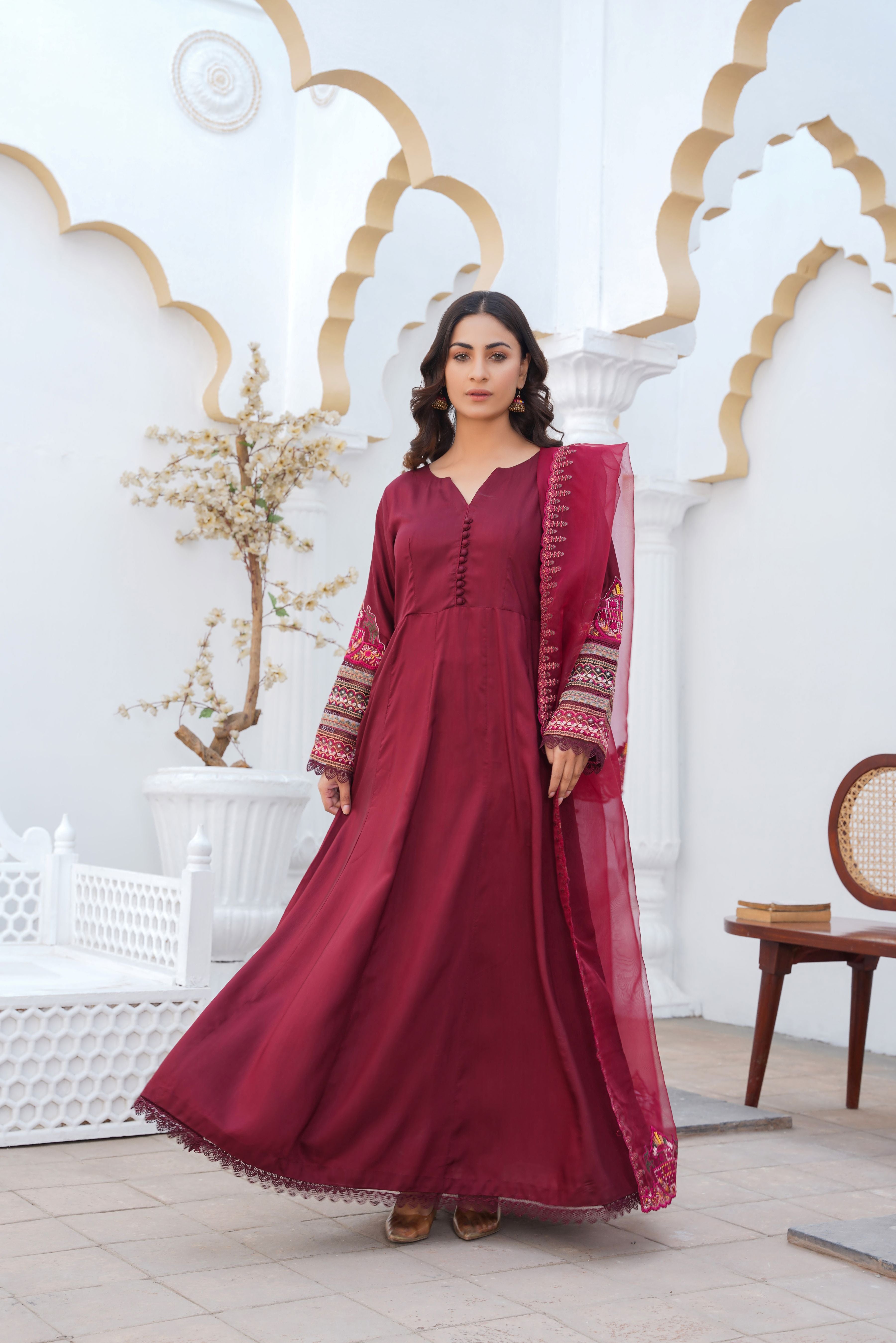 MAROON - PRET 3PC Embroidered Dress
