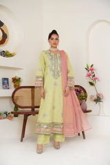 Embroidered Lime Green 3-Piece Ready-to-Wear Lawn Suit with Peach Dupatta