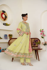 Embroidered Lime Green 3-Piece Ready-to-Wear Lawn Suit with Peach Dupatta