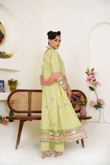 Embroidered Lime Green 3-Piece Ready-to-Wear Lawn Suit with Peach Dupatta