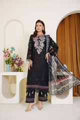Black Embroidered 3-Piece Ready-to-Wear Viscose Suit