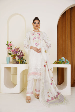 White embroidered lawn suit with floral dupatta - ready to wear - Threads & Weaves
