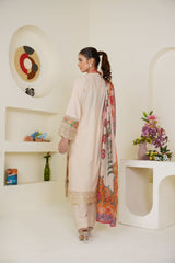 Ivory Cream Embroidered Lawn 3-Piece Pret Suit with Multicolor Dupatta