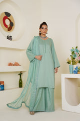 Pastel Sea Green Solid 3-Piece Ready-to-Wear Suit with Embroidered Dupatta & Trouser