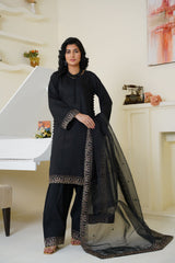 Classic Black Embroidered Viscose 3-Piece Suit – Ready to Wear