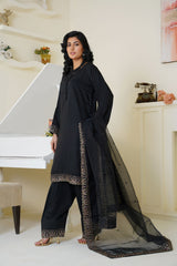 Classic Black Embroidered Viscose 3-Piece Suit – Ready to Wear