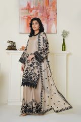 Chic Beige & Black Embroidered Viscose 3-Piece Suit - Ready to Wear