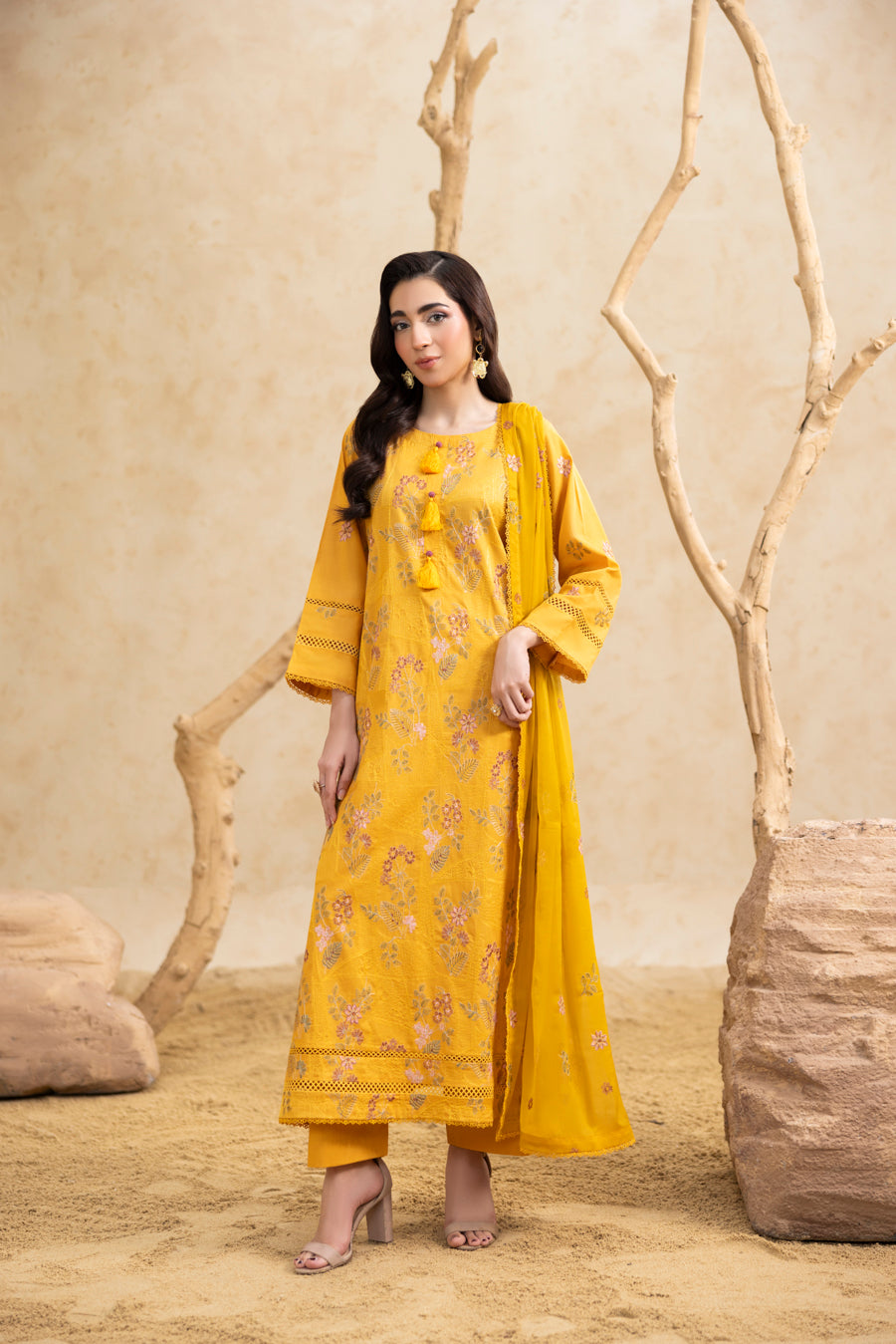 Mustard Yellow 3-Pc's Embroidered Ready to Wear