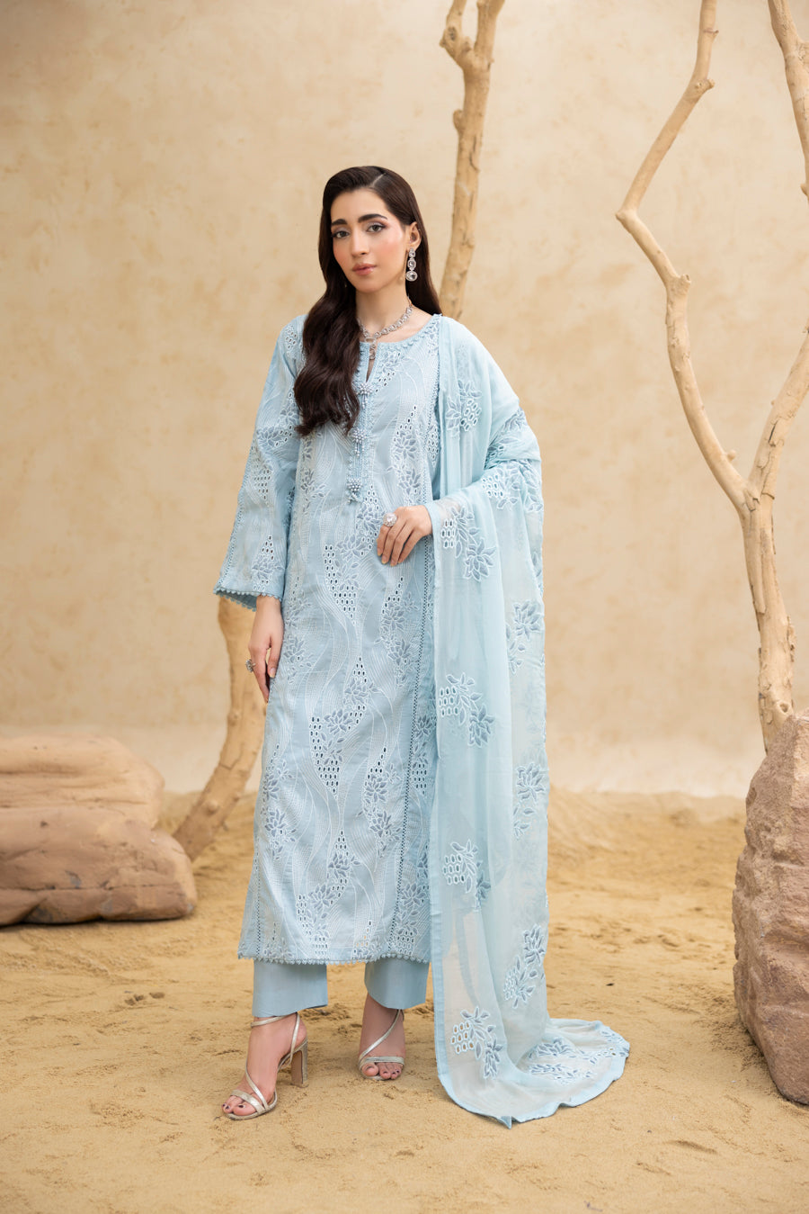 Aqua Chikankari 3-Pc's Embroidered Ready to Wear