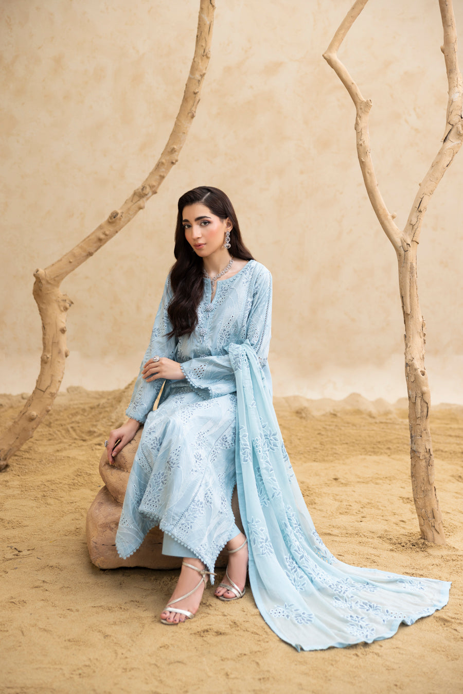 Aqua Chikankari 3-Pc's Embroidered Ready to Wear
