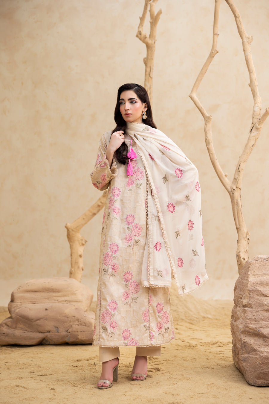 Skin Beige 3-Pc's Embroidered Ready to Wear