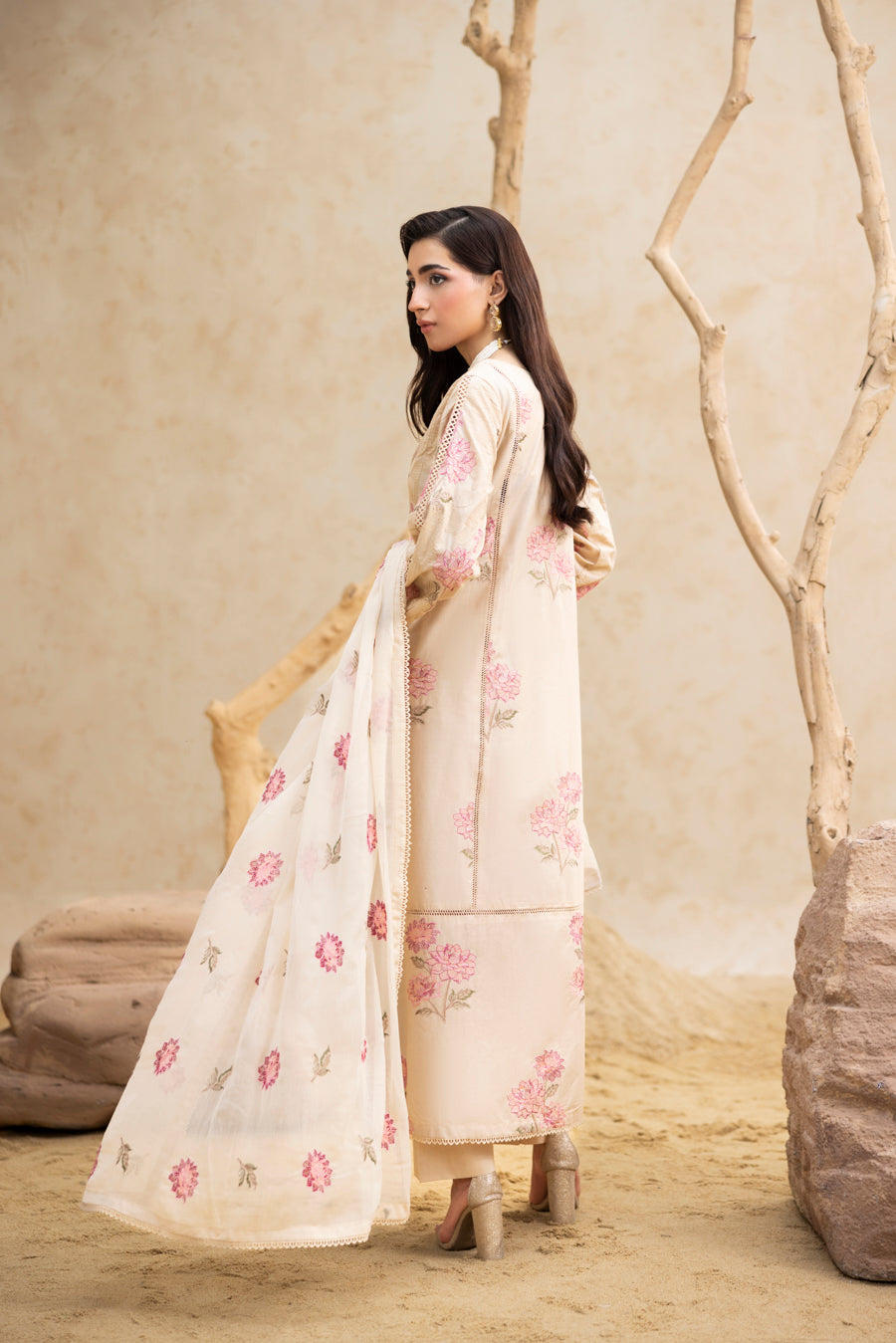 Skin Beige 3-Pc's Embroidered Ready to Wear