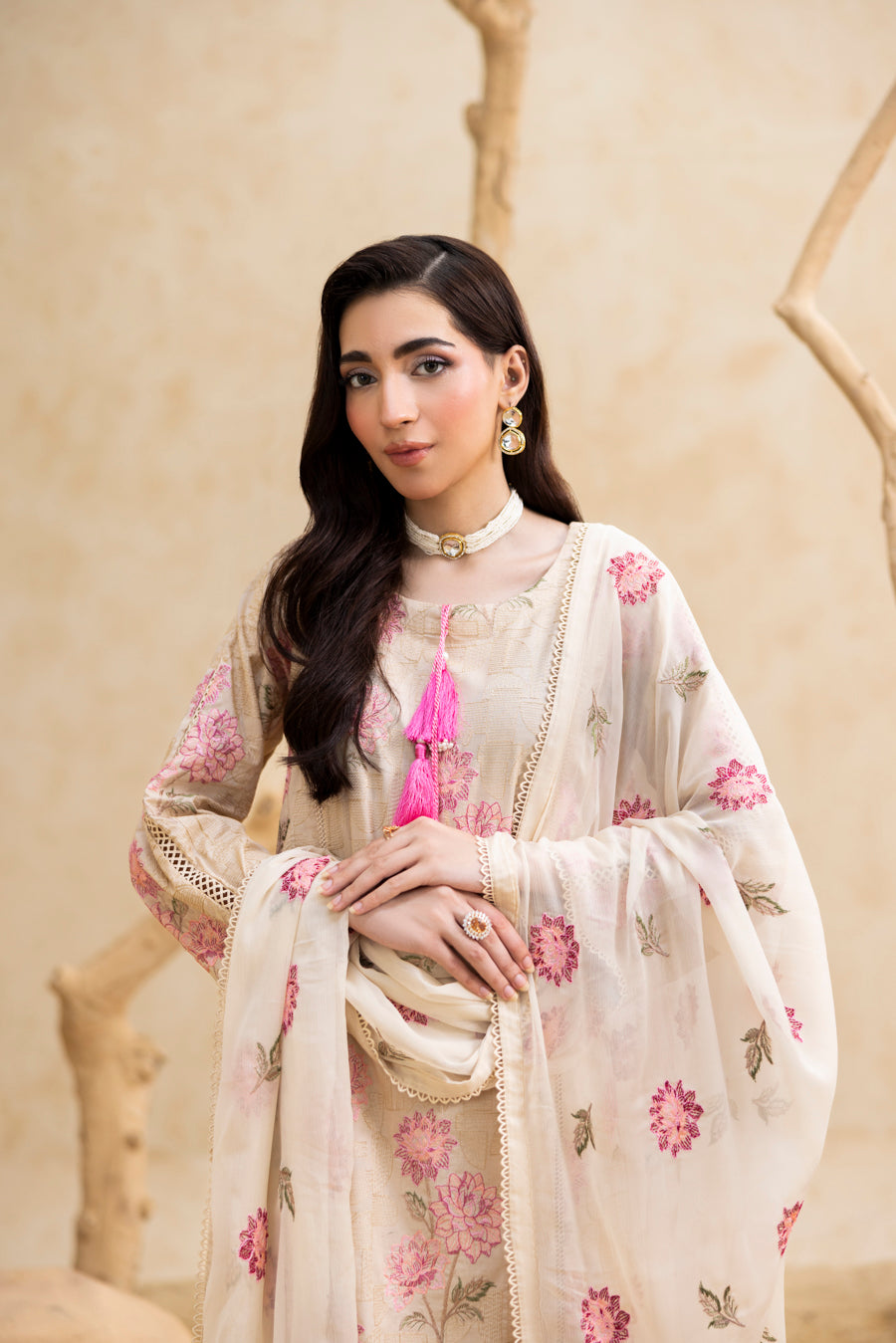 Skin Beige 3-Pc's Embroidered Ready to Wear