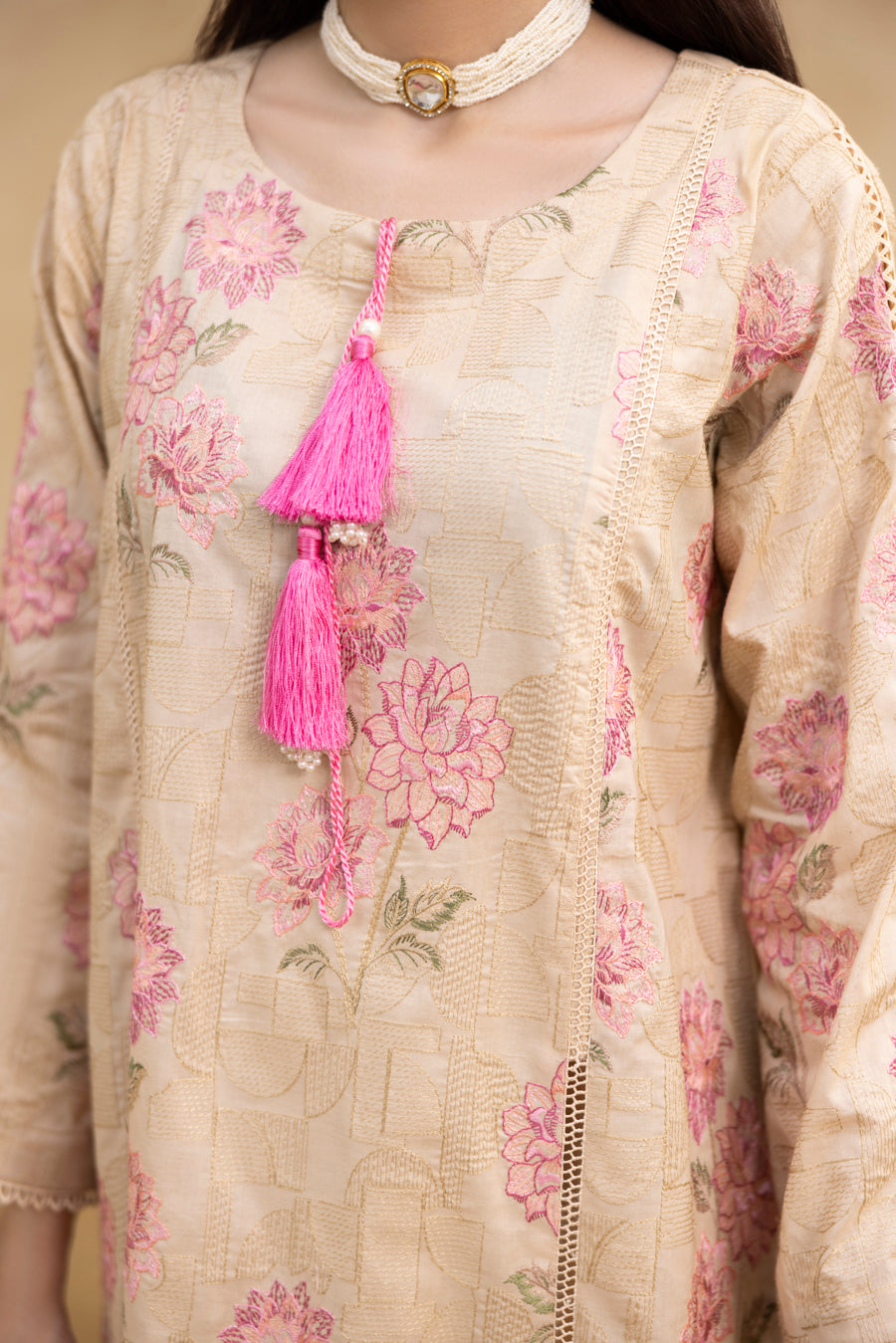 Skin Beige 3-Pc's Embroidered Ready to Wear