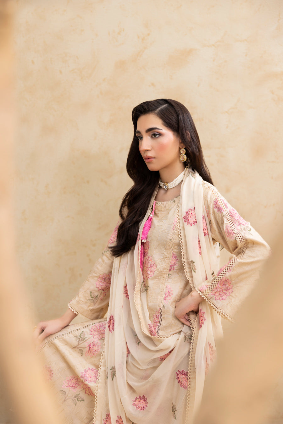 Skin Beige 3-Pc's Embroidered Ready to Wear