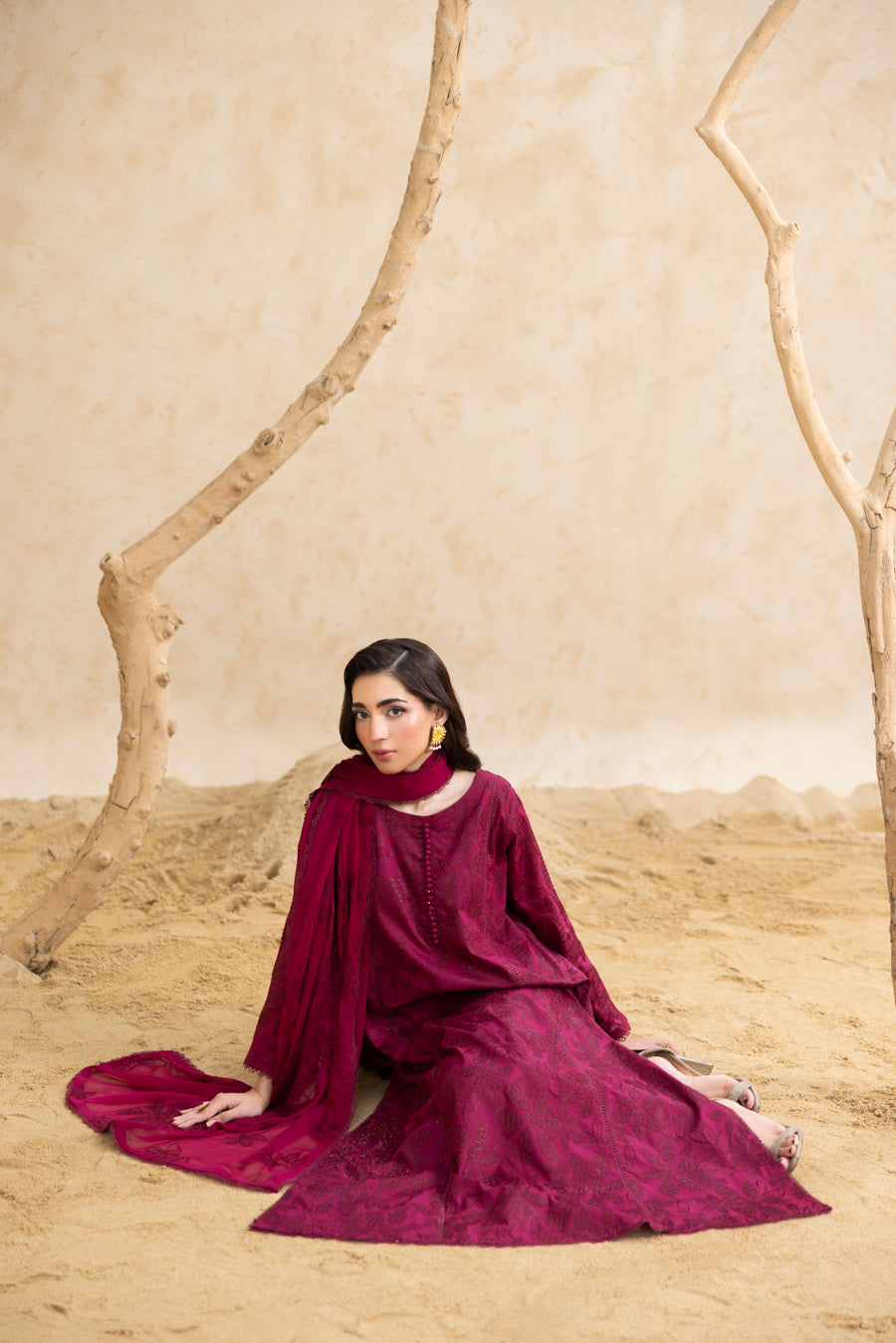 Burgundy 3-Pc's Embroidered Ready to Wear