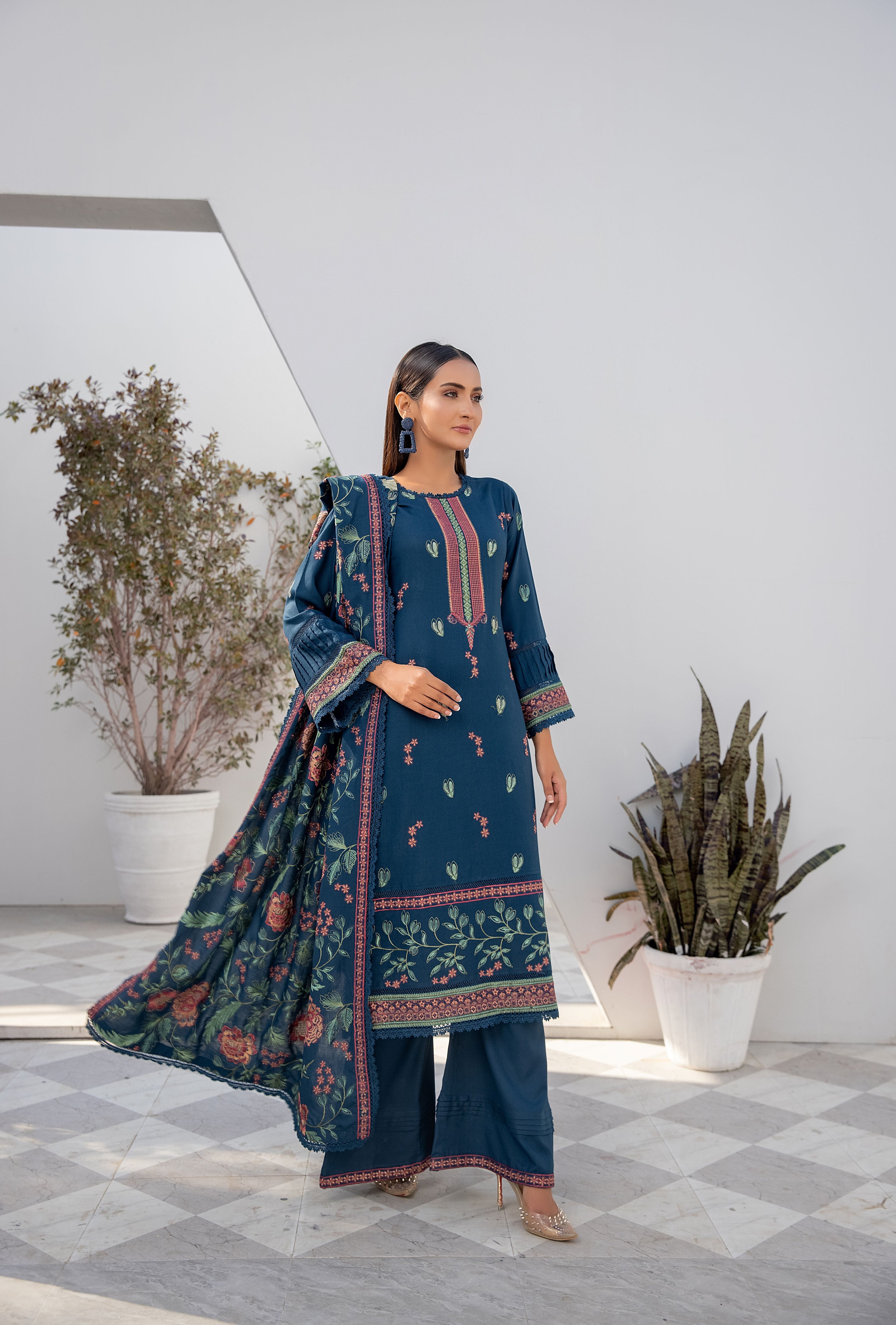 Winter dhanak suit teal - unstitched embroidered - Threads & Weaves