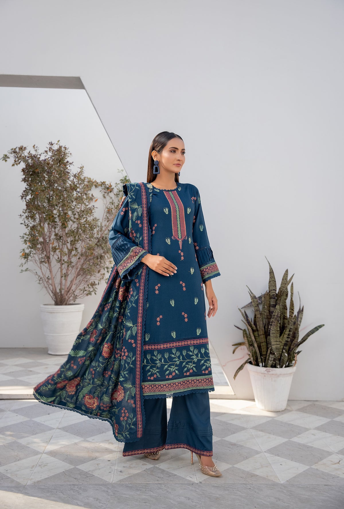 3-Piece Dhanak Embroidered Suit | Women's Ethnic Wear. – Threads & Weaves