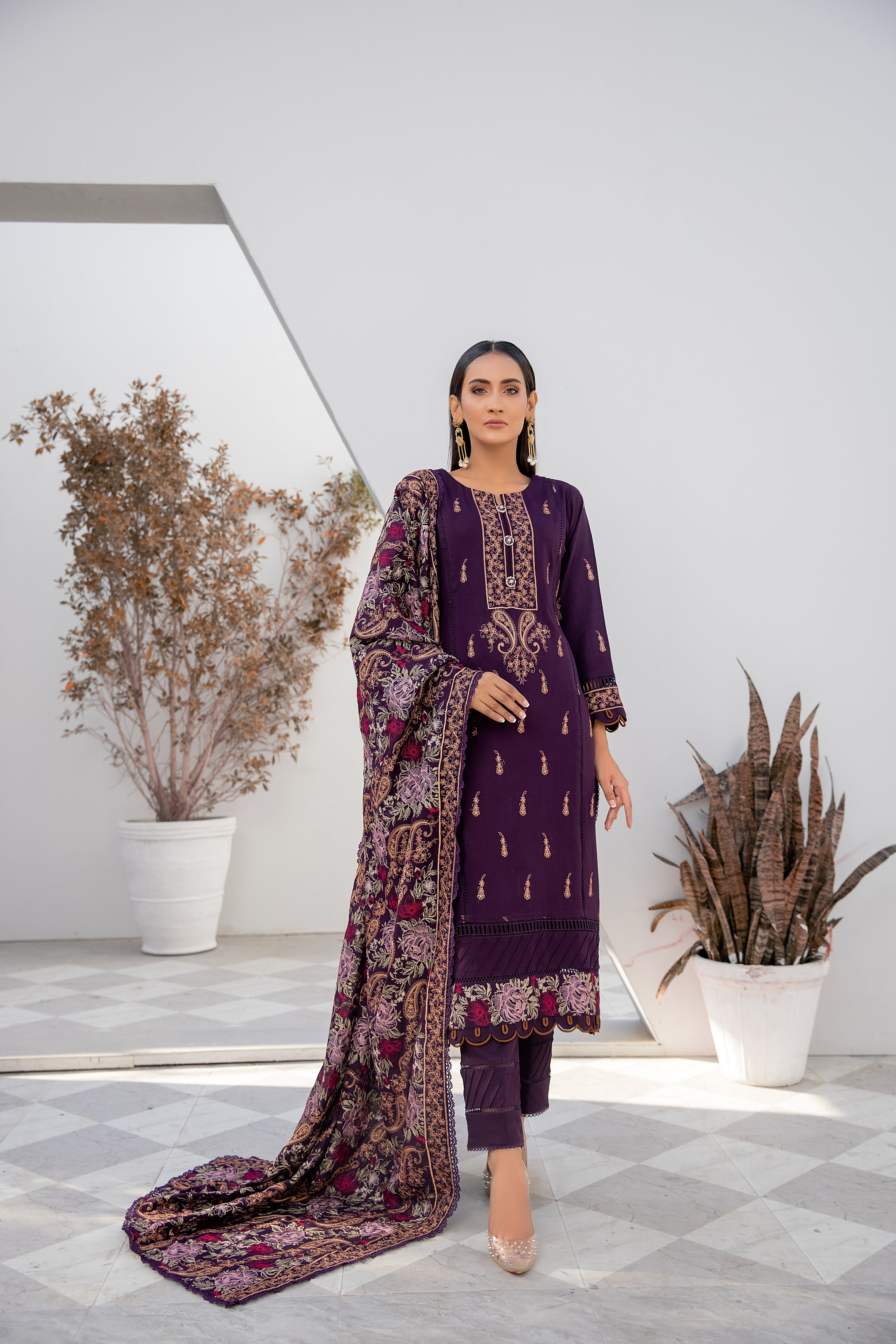 Winter dhanak suit plum purple - unstitched embroidered - Threads & Weaves