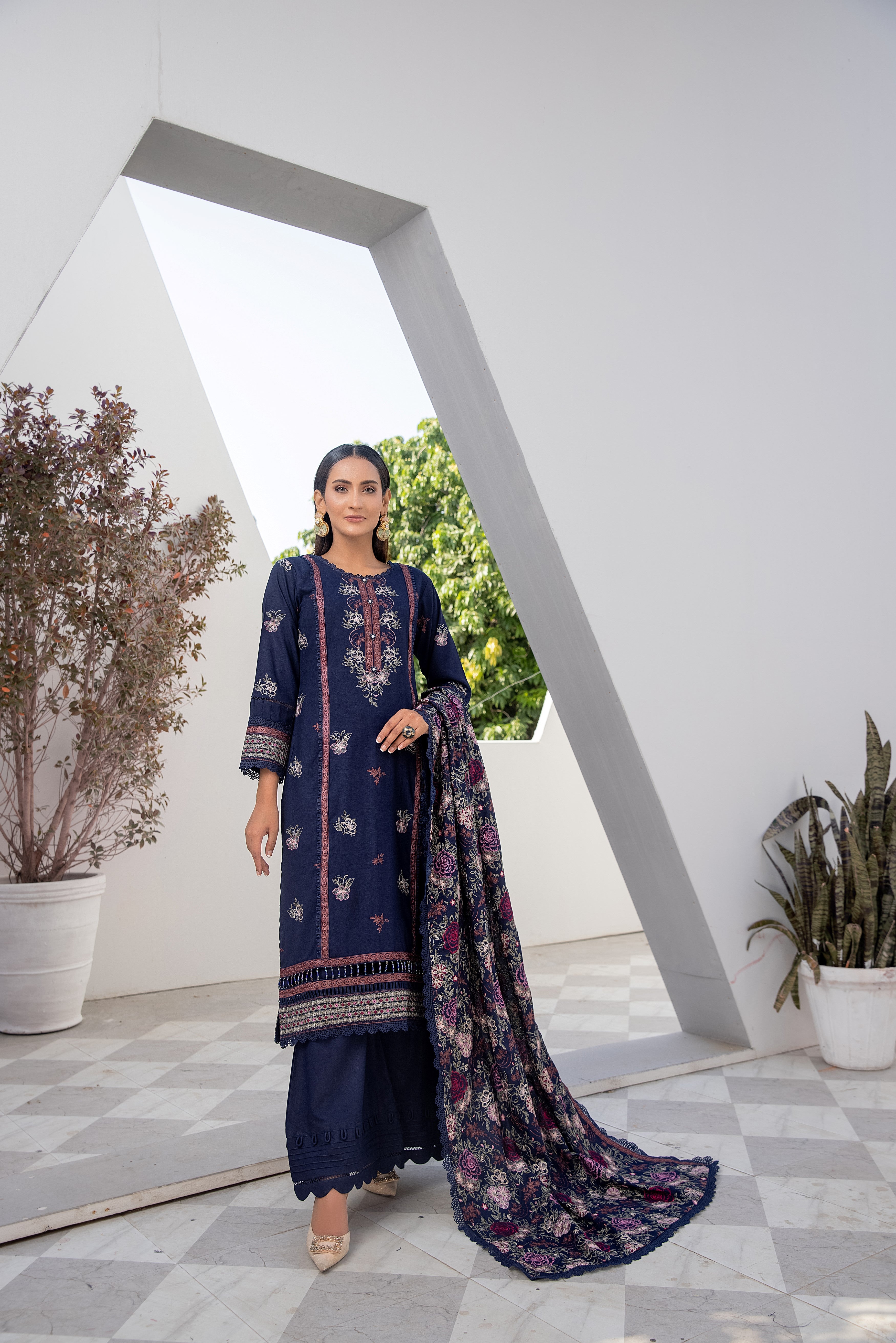 Winter dhanak suit navy blue - unstitched embroidered - Threads & Weaves