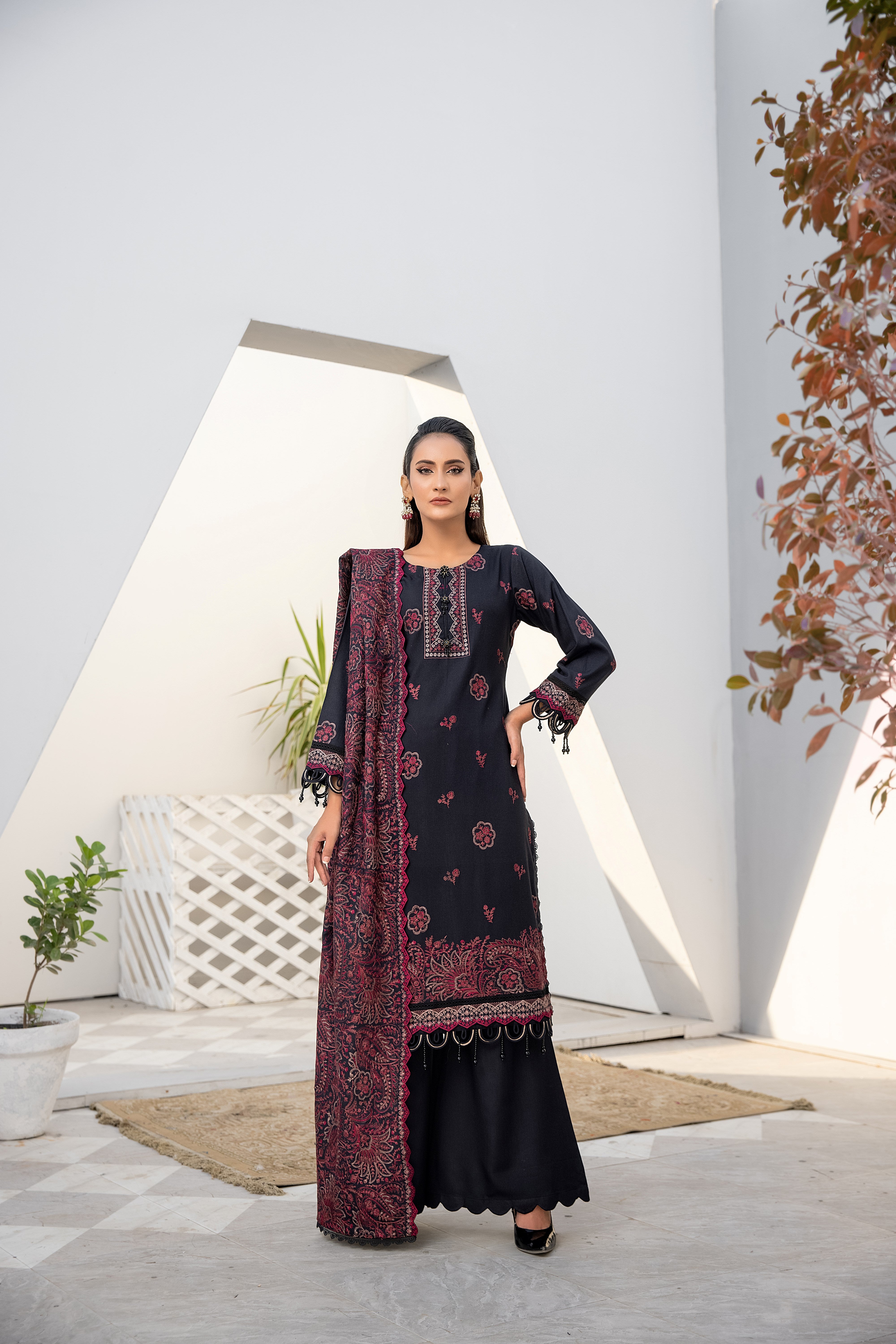 Winter dhanak suit crimson red - unstitched embroidered - Threads & Weaves