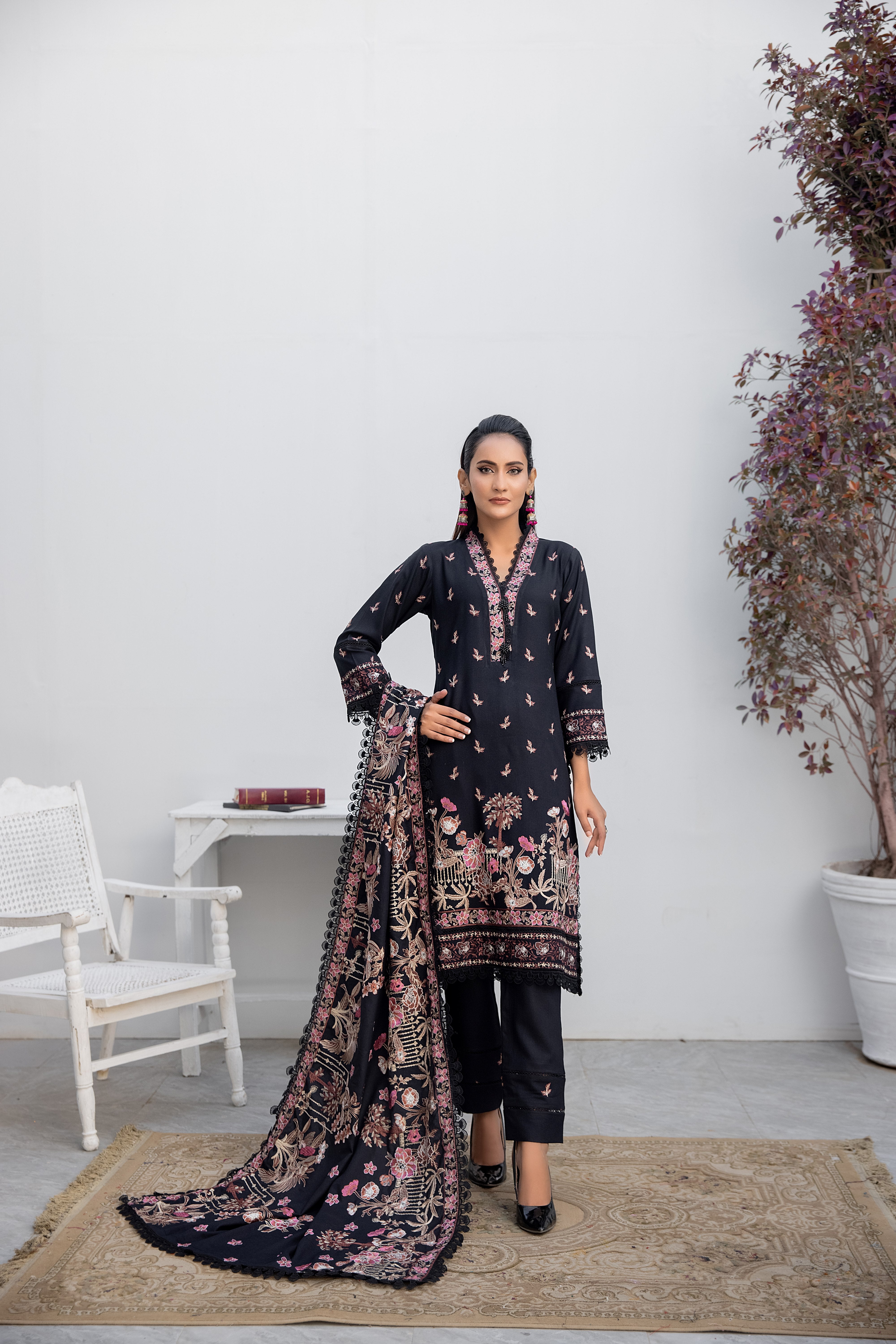 Winter dhanak suit midnight black - unstitched embroidered - Threads & Weaves