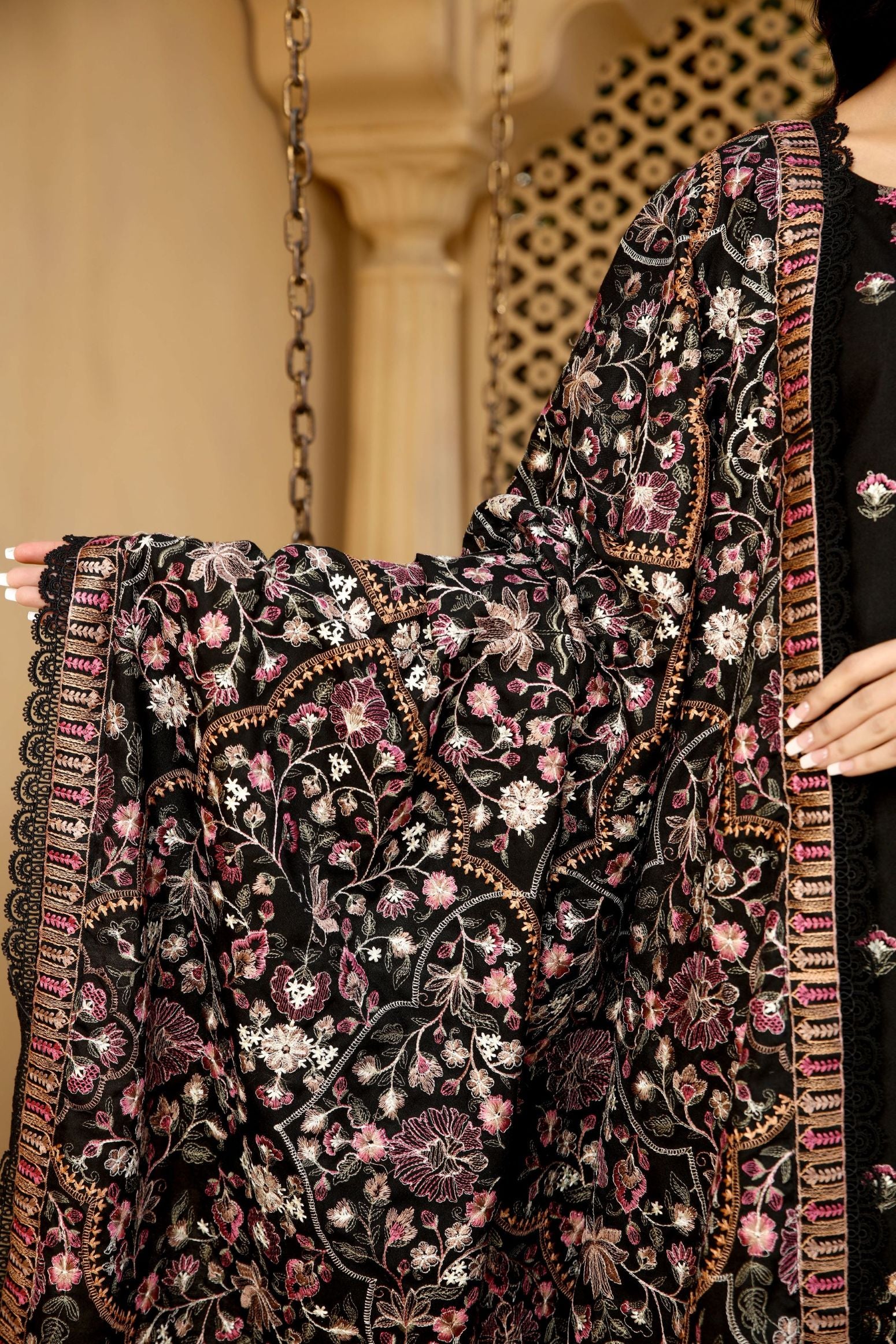 Black Dhanak Embroidered 3-Piece Suit