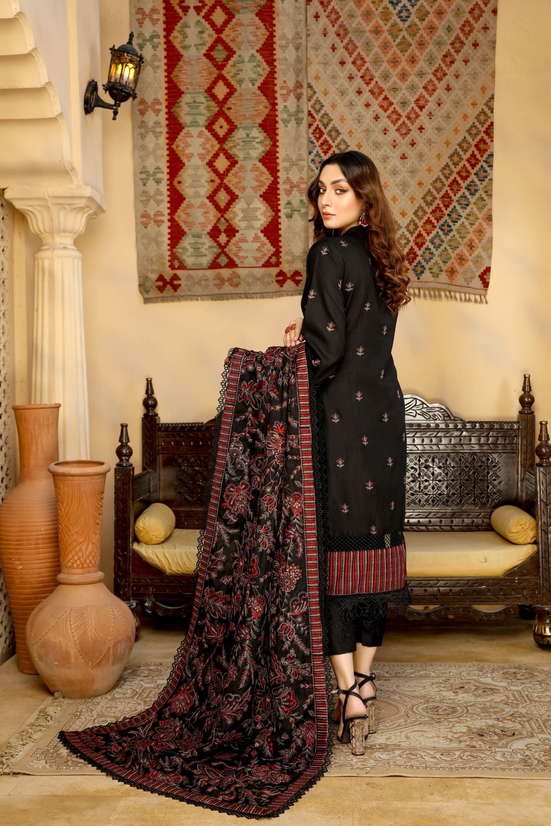 Black & Maroon Dhanak Embroidered 3-Piece Suit