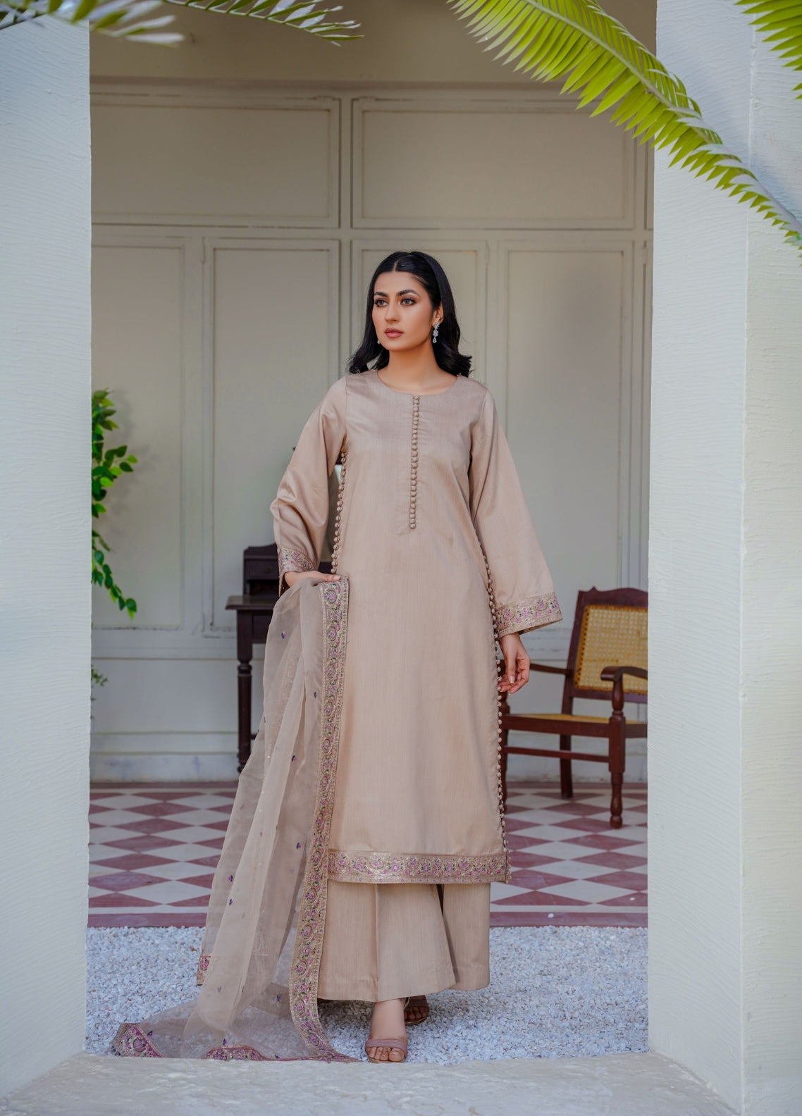 Skin beige pret embroidered dress 3-piece - ready to wear - Threads & Weaves