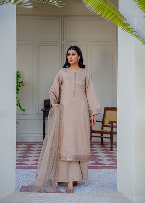 Skin beige pret embroidered dress 3-piece - ready to wear - Threads & Weaves