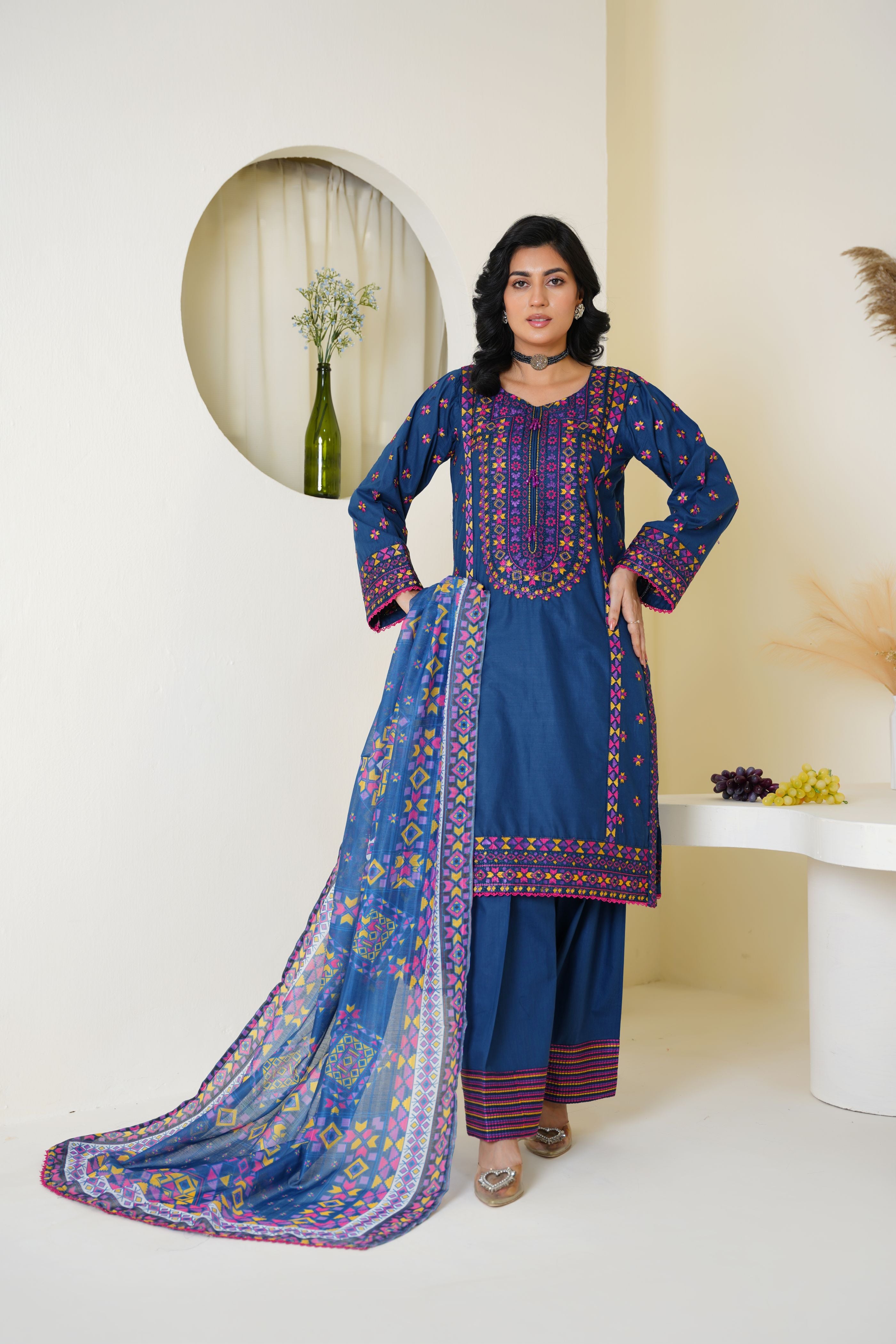 Royal blue embroidered lawn suit - ready to wear - Threads & Weaves