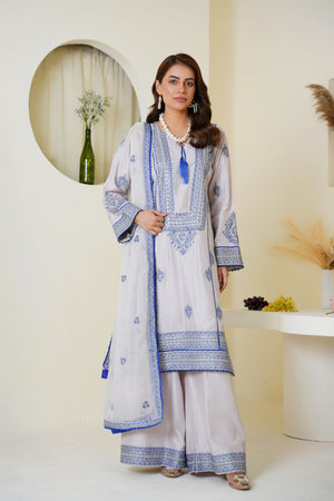 Icy lavender and blue embroidered viscose suit - ready to wear - Threads & Weaves