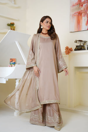 Champagne beige embroidered viscose suit - ready to wear - Threads & Weaves