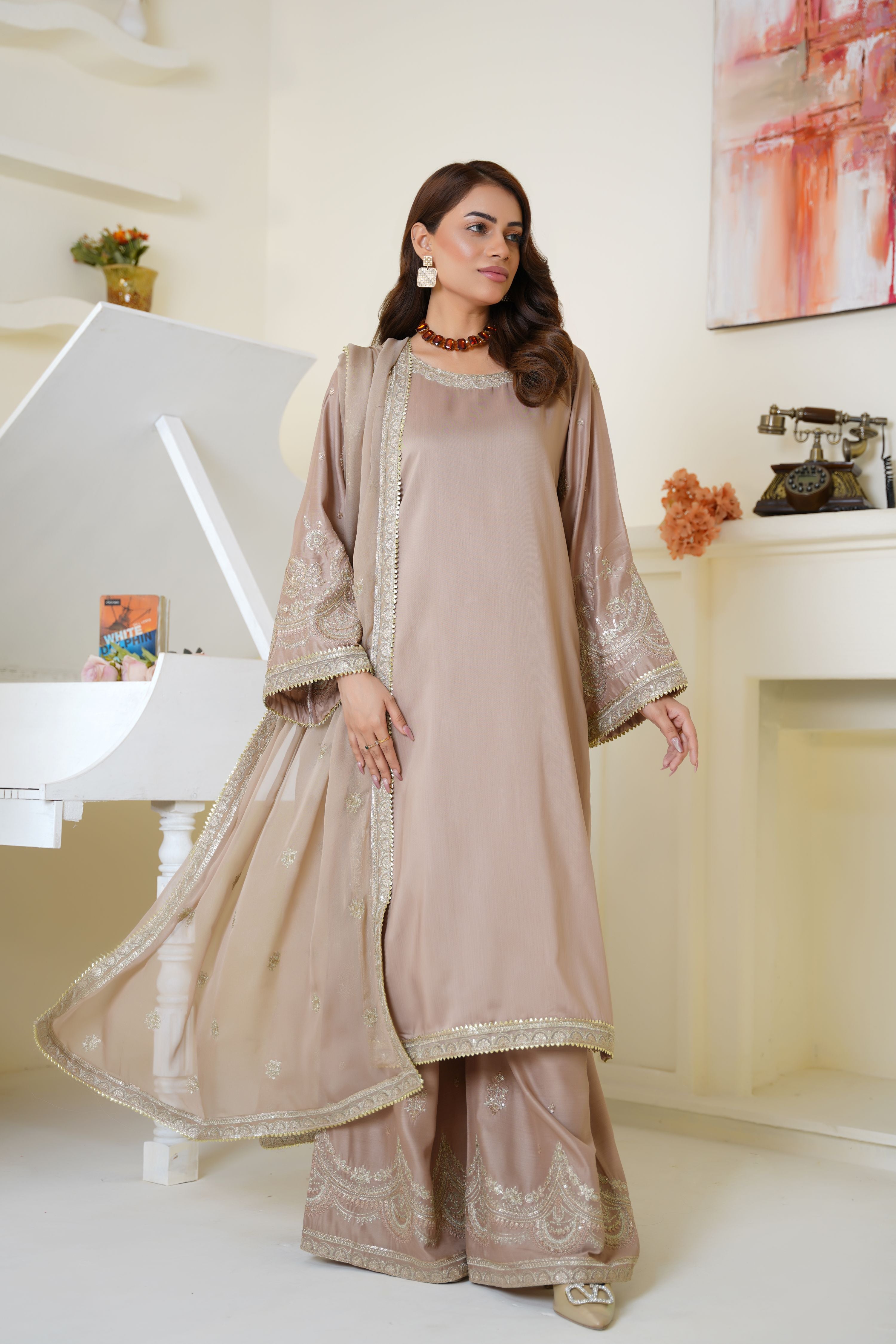 Champagne beige embroidered viscose suit - ready to wear - Threads & Weaves