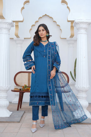 Sapphire blue pret embroidered dress 3-piece - ready to wear - Threads & Weaves