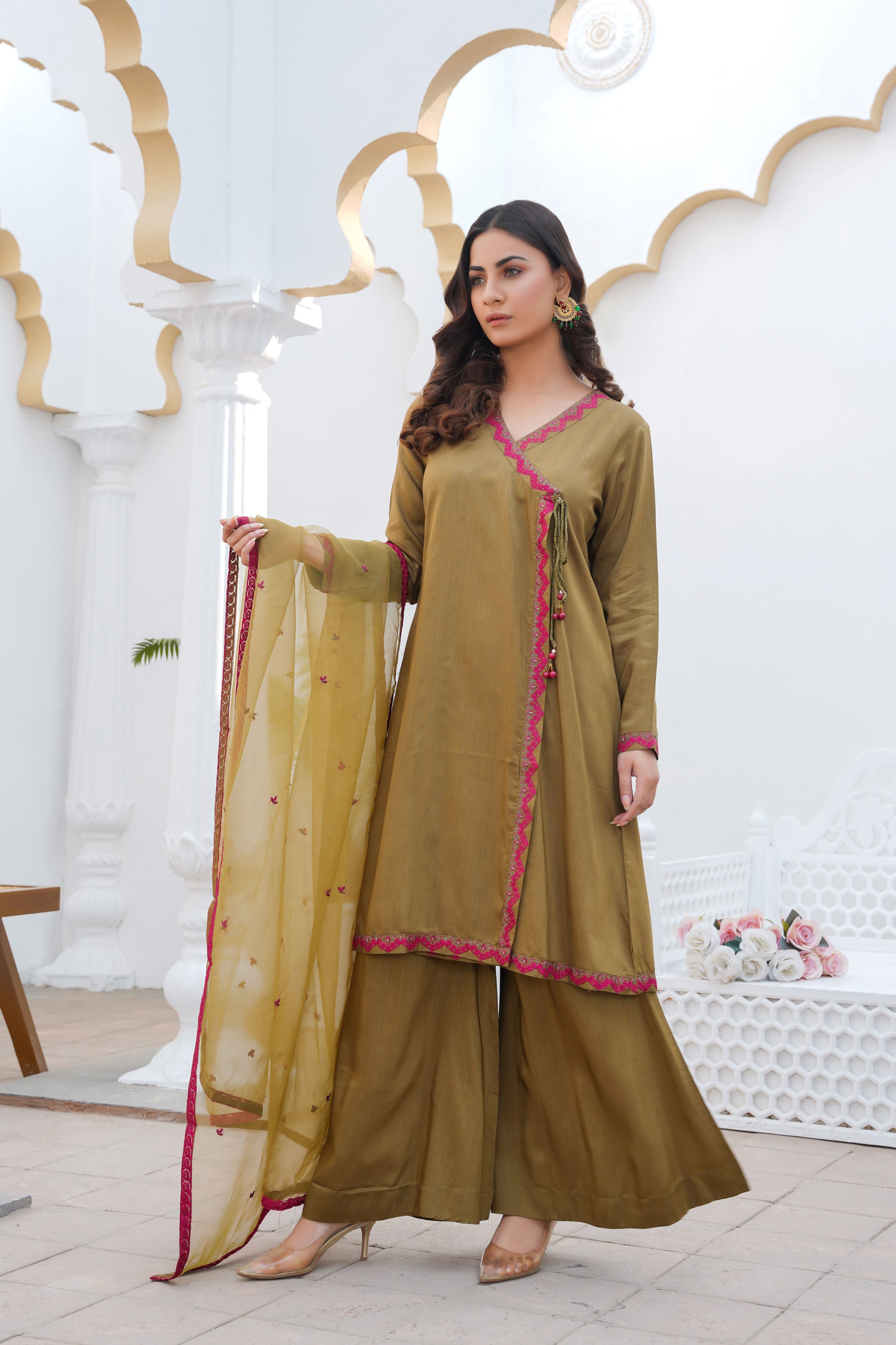 OLIVE GREEN - PRET 3PC Embroidered Dress
