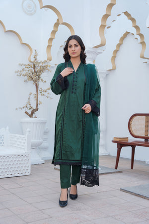 Bottle green pret embroidered dress 3-piece - ready to wear - Threads & Weaves