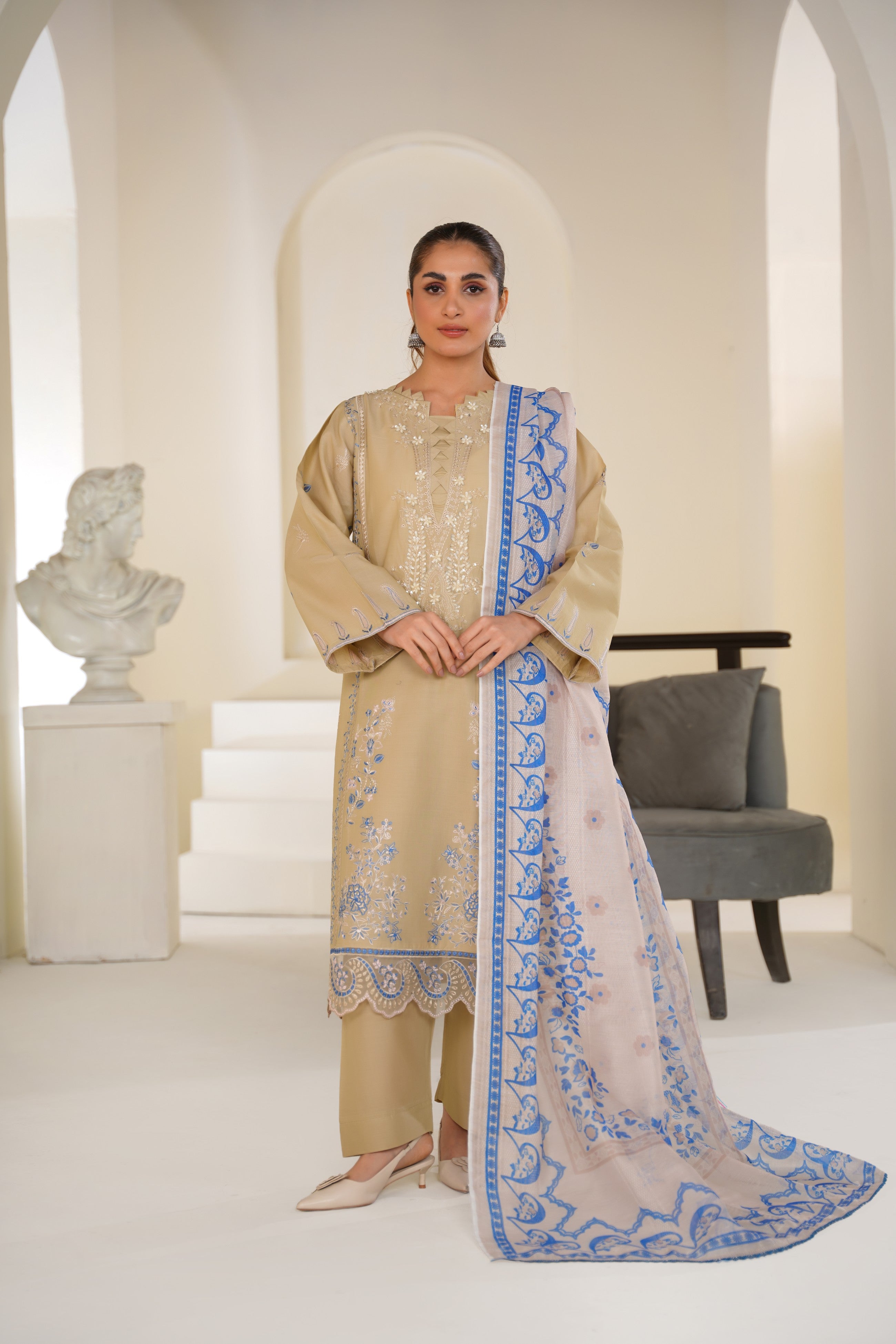 Sapphire sand embroidered lawn suit 3-piece - ready to wear - Threads & Weaves