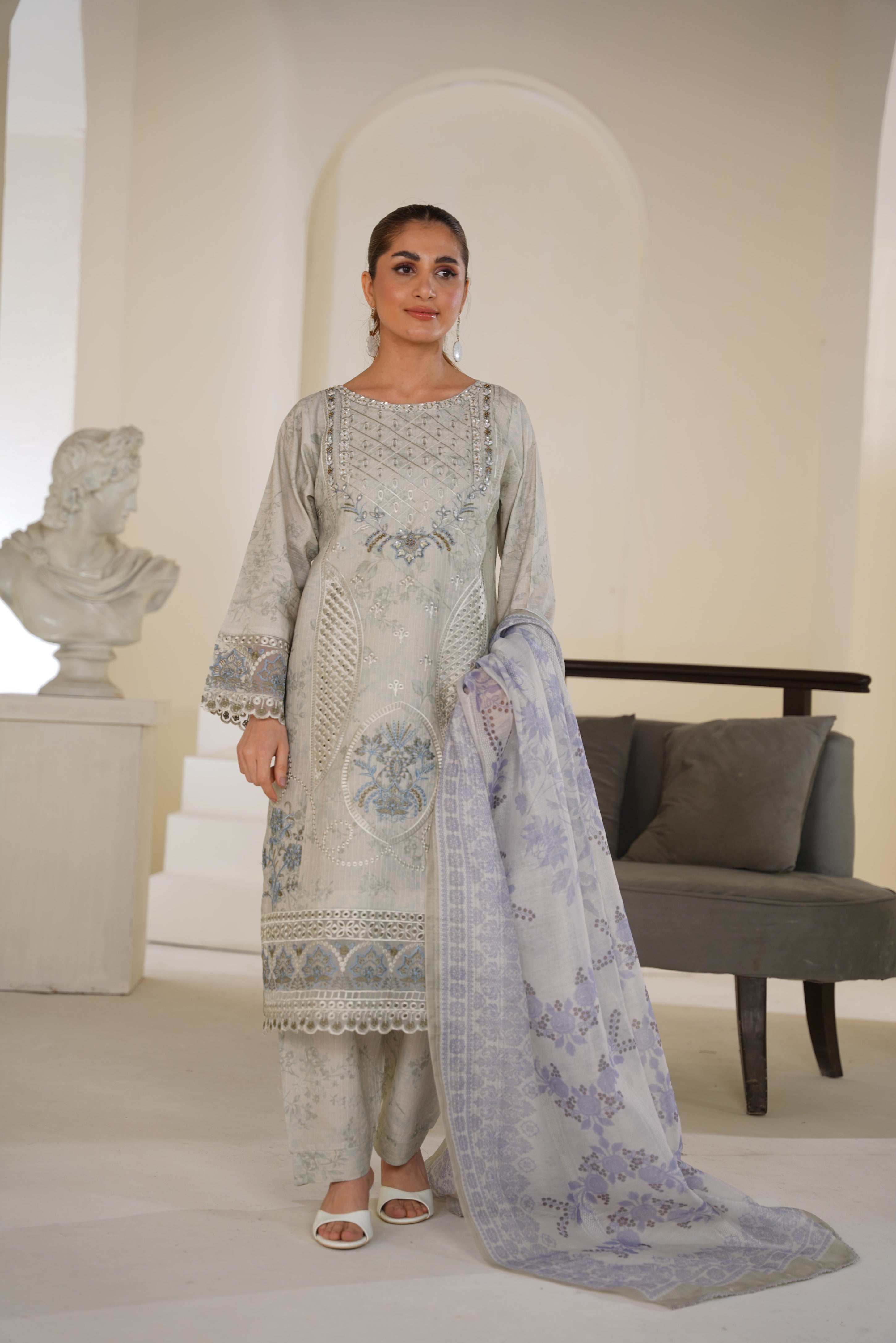 Light sage grey embroidered lawn suit 3-piece - ready to wear - Threads & Weaves