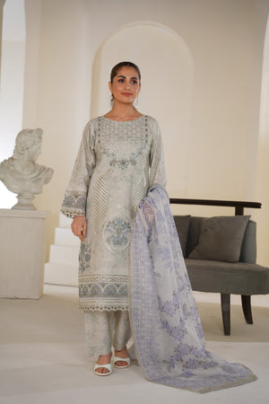 Light sage grey embroidered lawn suit 3-piece - ready to wear - Threads & Weaves