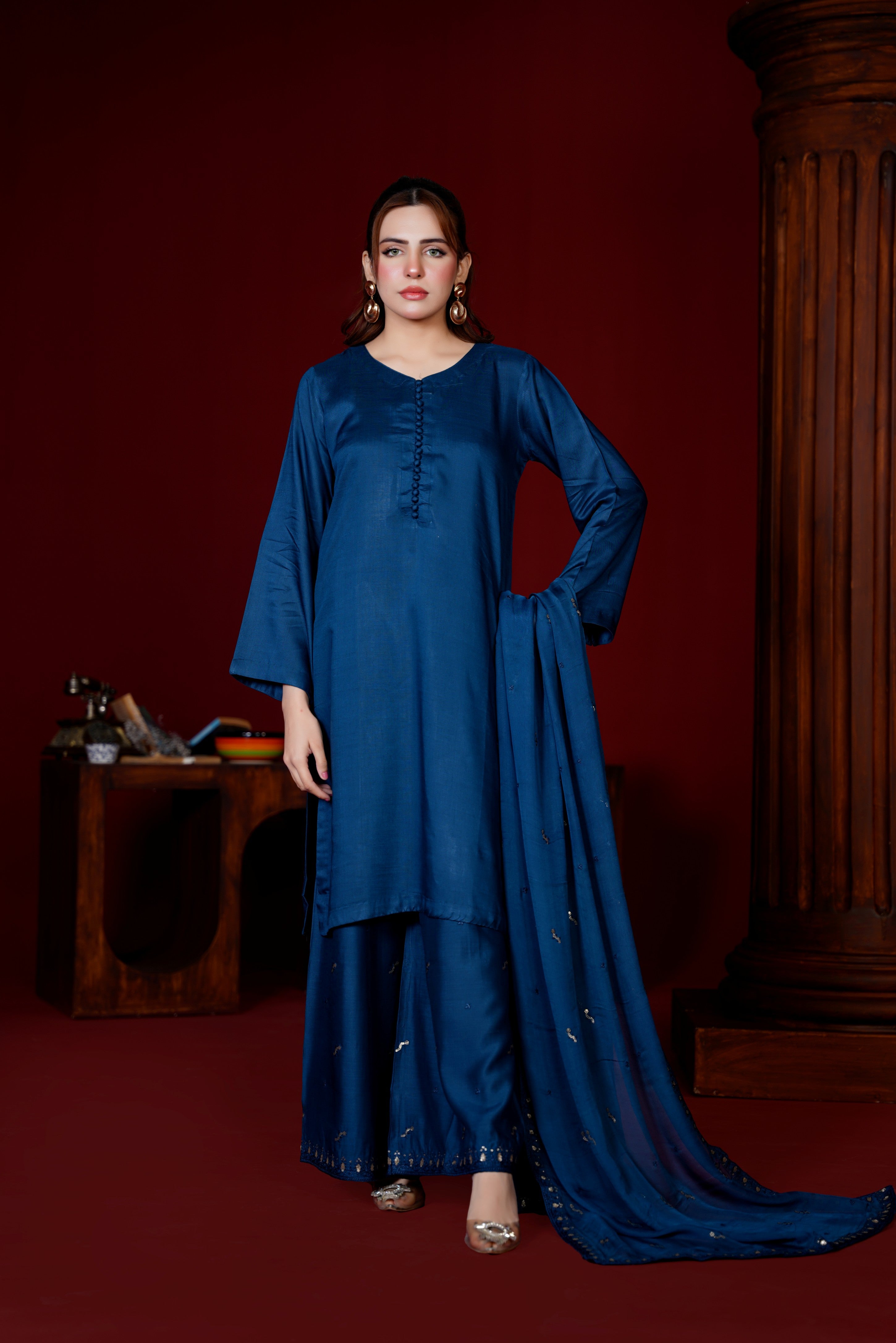 Midnight Blue Viscose Ready-to-Wear 3 Piece Suit