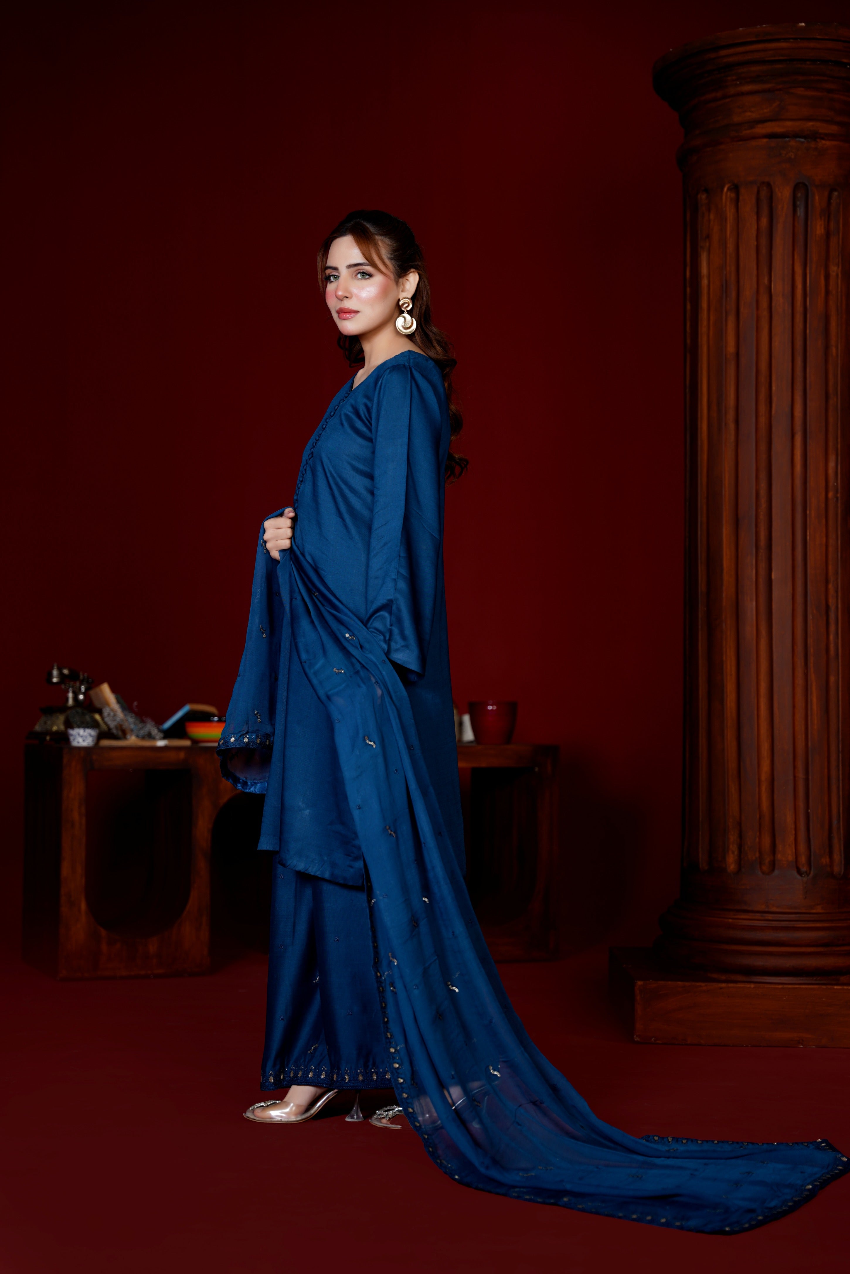 Midnight Blue Viscose Ready-to-Wear 3 Piece Suit
