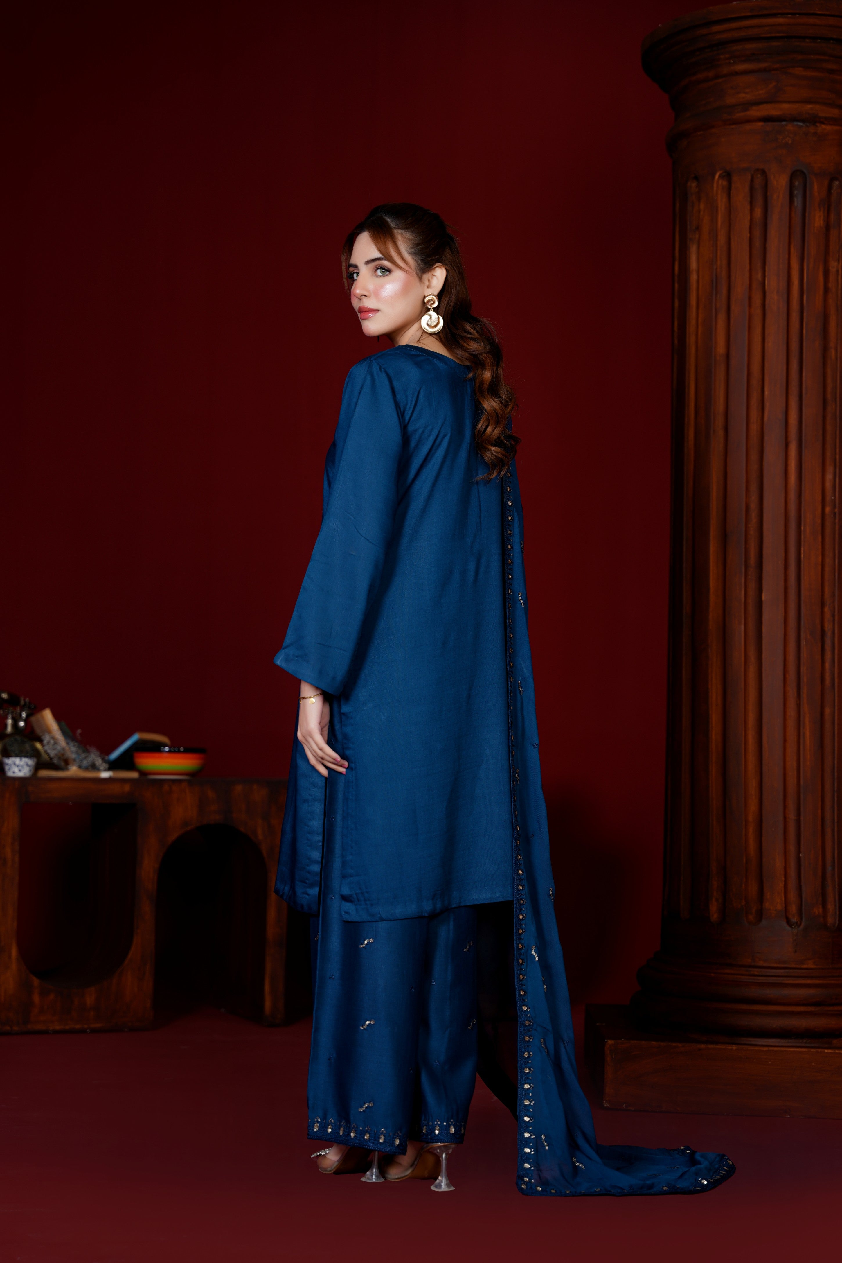 Midnight Blue Viscose Ready-to-Wear 3 Piece Suit