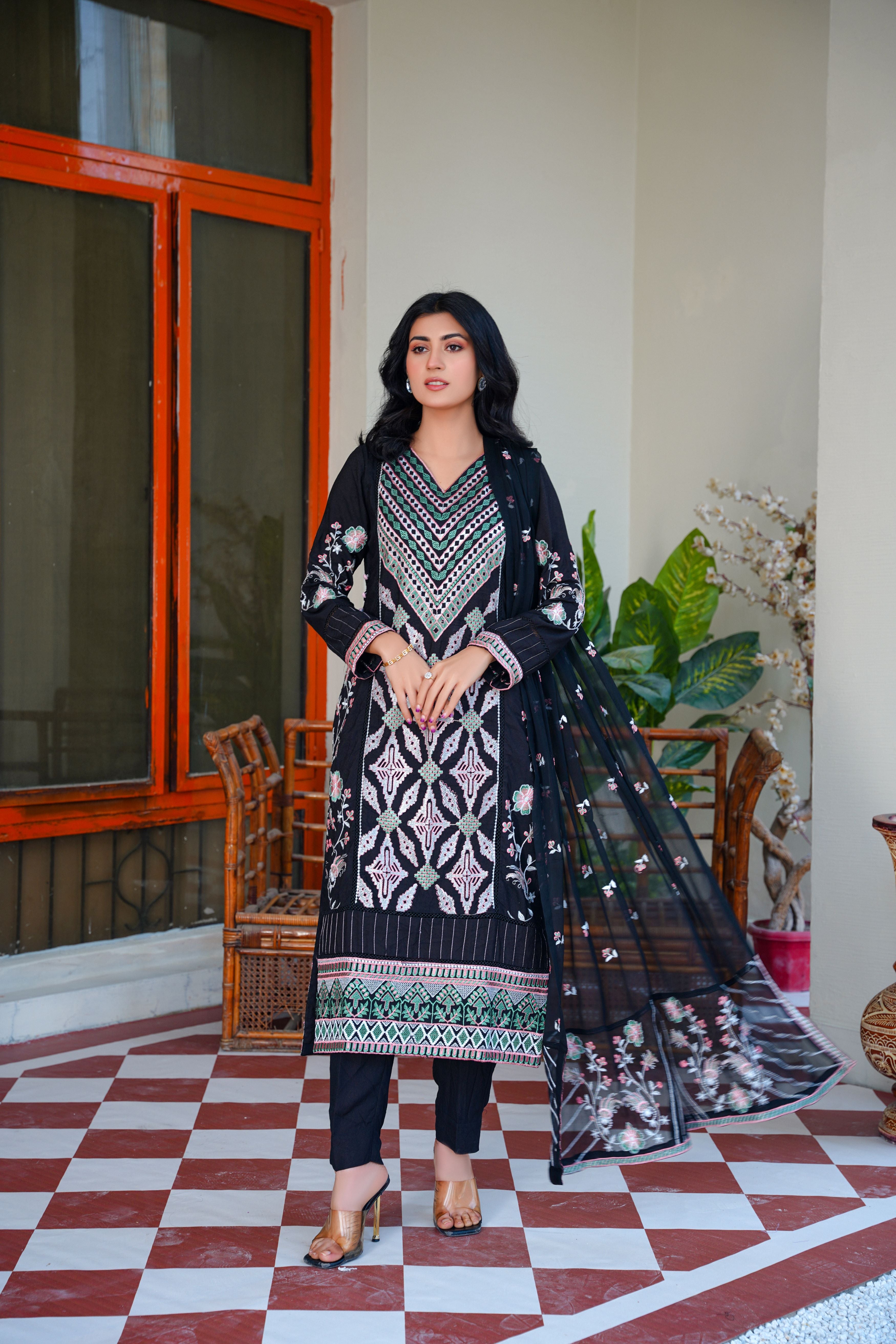 Karandi embroidered dress - unstitched 3-piece suit - Threads & Weaves