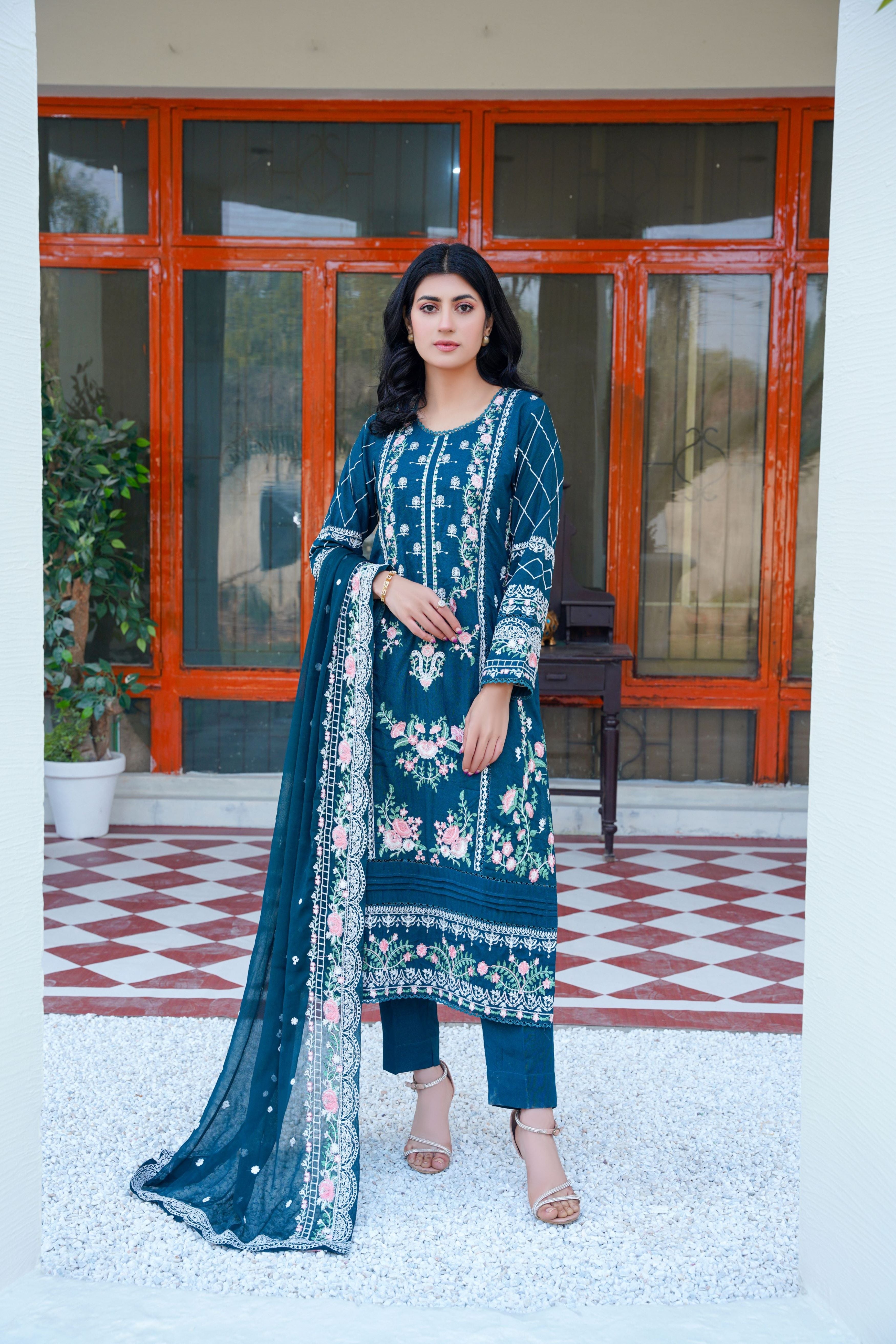 Karandi embroidered dress - unstitched 3-piece suit - Threads & Weaves